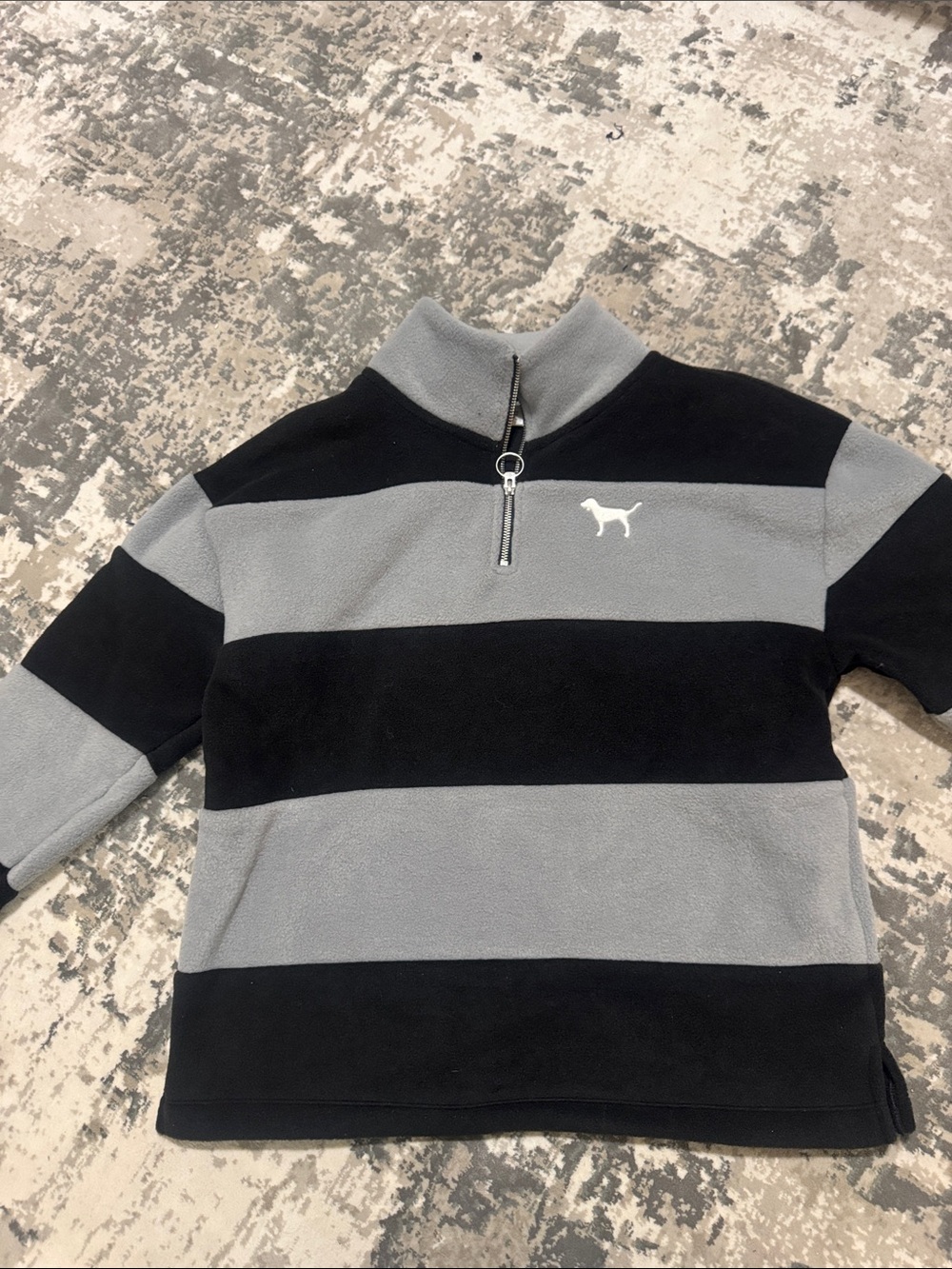 Victoria's Secret Black & Gray Striped Quarter-Zip Fleece Pullover